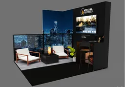10x10 booth with laptop counter and lounge area
